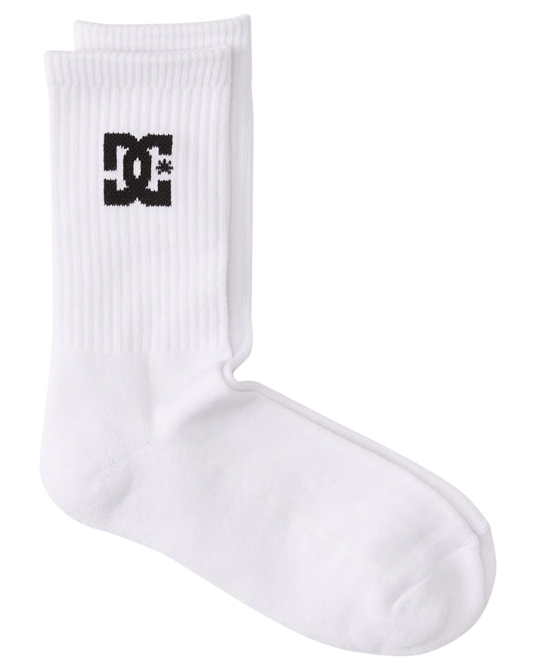 Close-up of a single white DC crew sock with ribbed ankle and black logo.