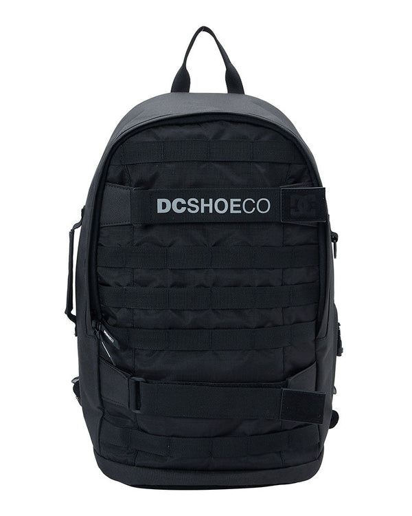 Black DC Shoes backpack with front webbing and bold DC SHOE CO logo