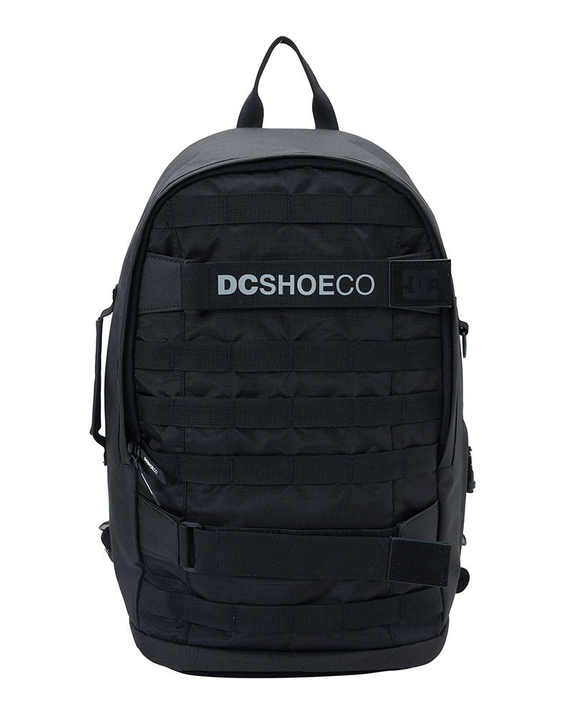 Black DC Shoes backpack with front webbing and bold DC SHOE CO logo