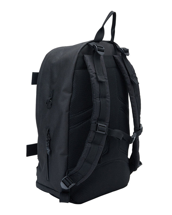 Rear view of black DC backpack with padded back panel and adjustable straps