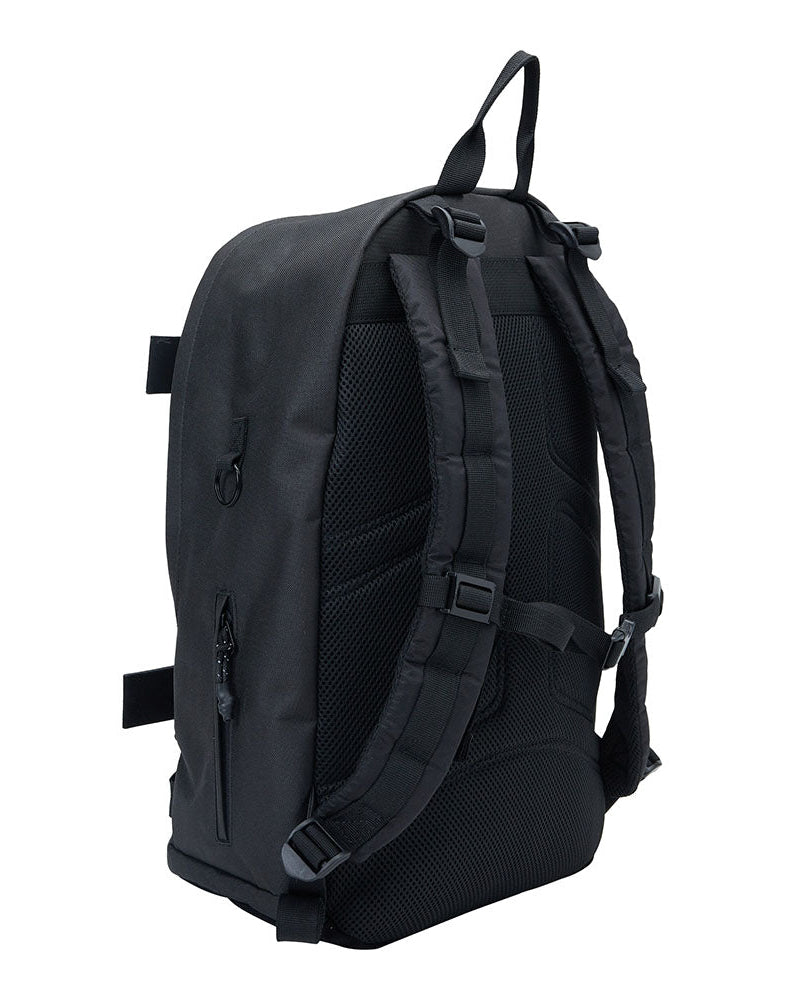 Rear view of black DC backpack with padded back panel and adjustable straps