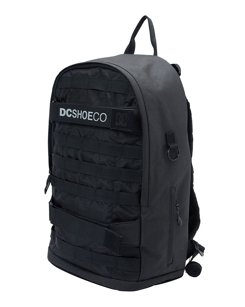 Angled view of black tactical-style backpack with side zip and top handle