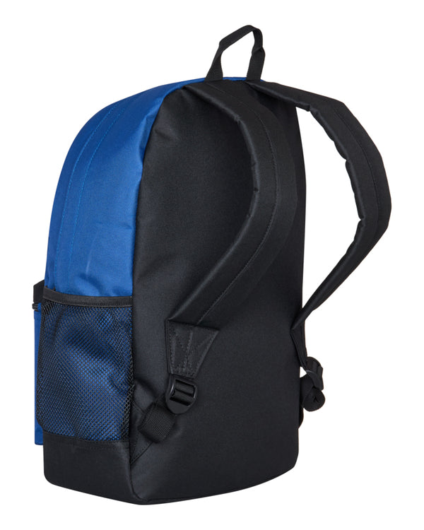Side view of blue and black DC backpack showing adjustable straps and mesh side pocket