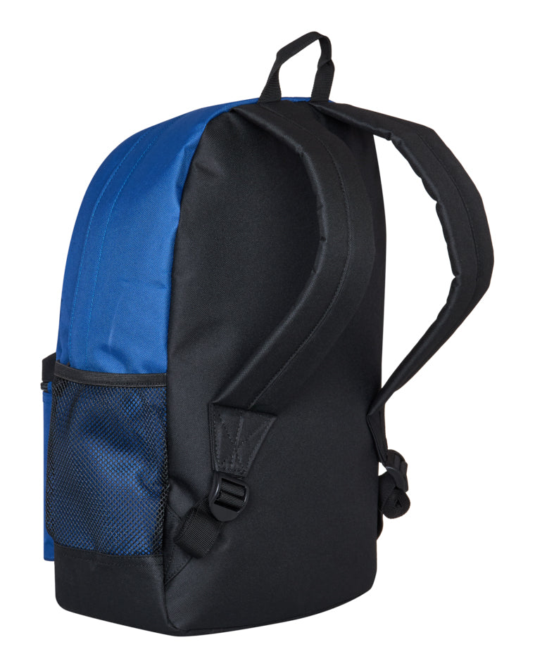 Side view of blue and black DC backpack showing adjustable straps and mesh side pocket