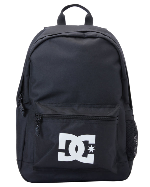 Front view of black DC backpack with white logo and zip front pocket