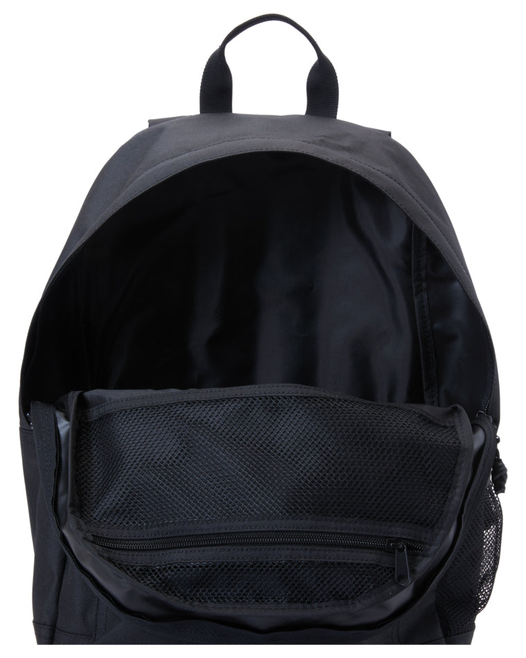 Interior view of DC backpack showing mesh organiser pocket with zip closure