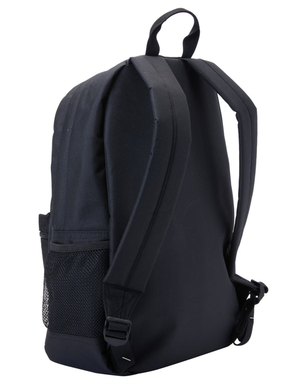 Side view of black backpack showing padded straps and mesh bottle holder