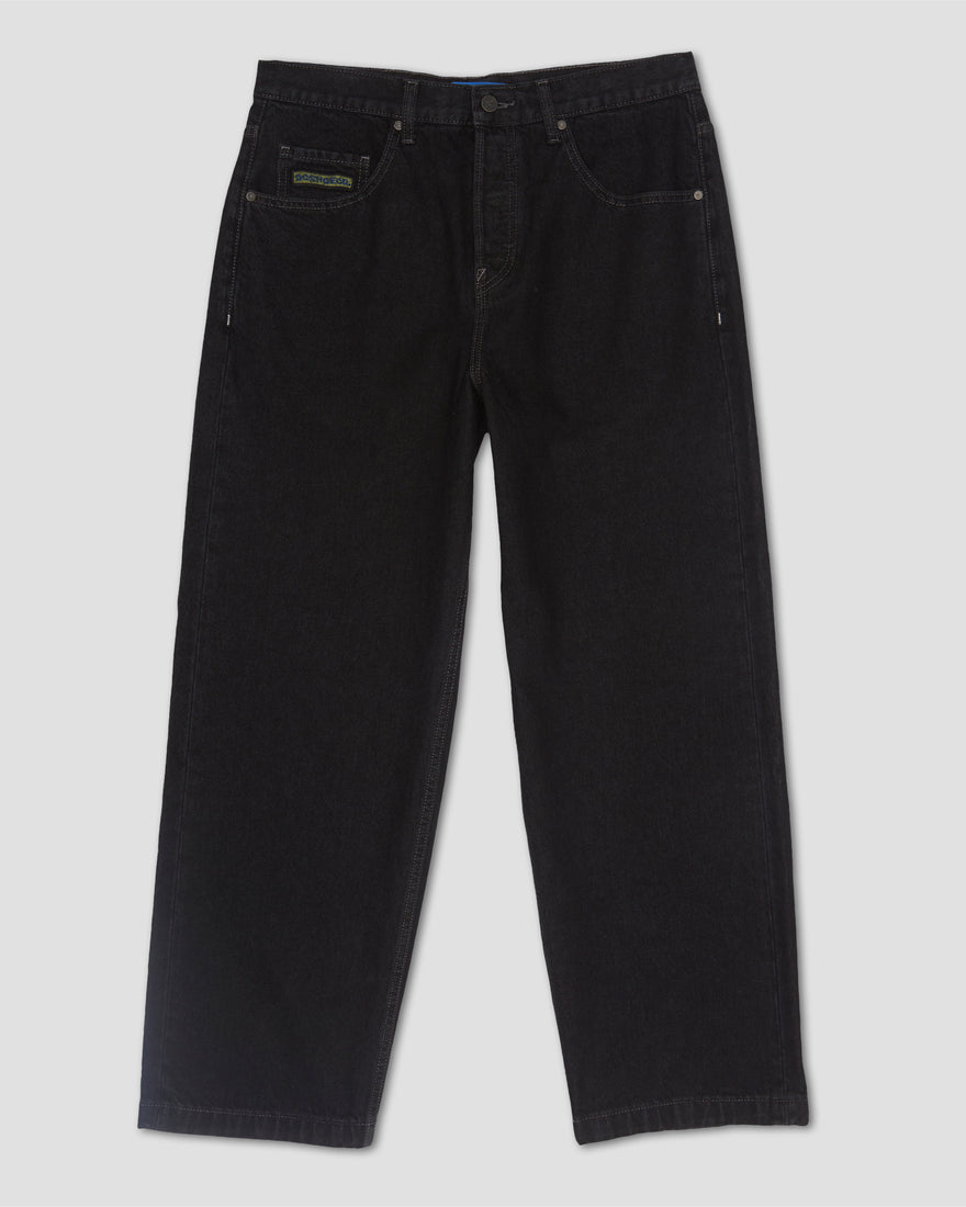 Relaxed black denim jeans with a wide leg and button fly