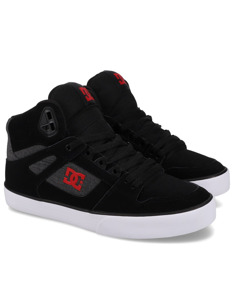 Angled view of black DC high-top sneakers with red logo and white sole