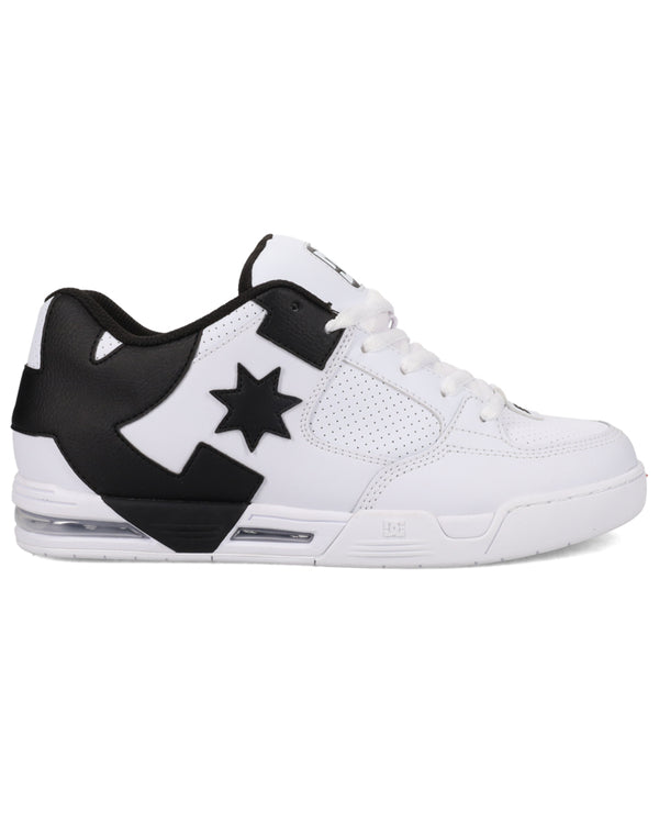 Side view of white DC skate shoes with black star detailing and air-cushioned sole