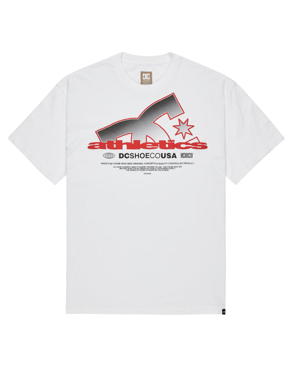 Front view of white DC Shoes t-shirt with bold red and black athletics graphic print