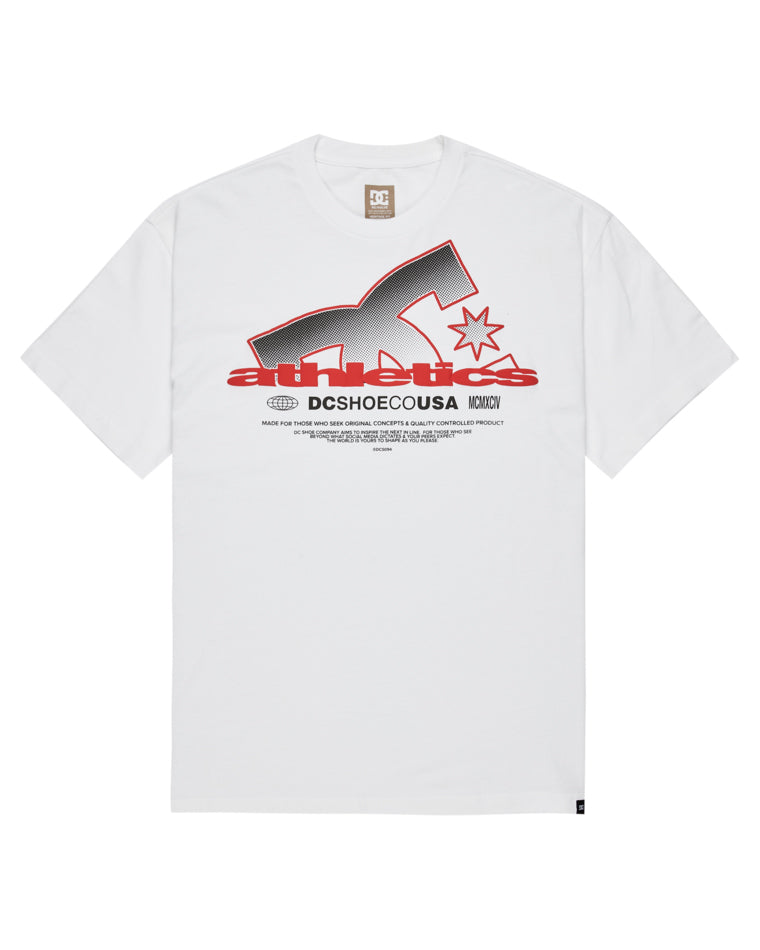 Front view of white DC Shoes t-shirt with bold red and black athletics graphic print