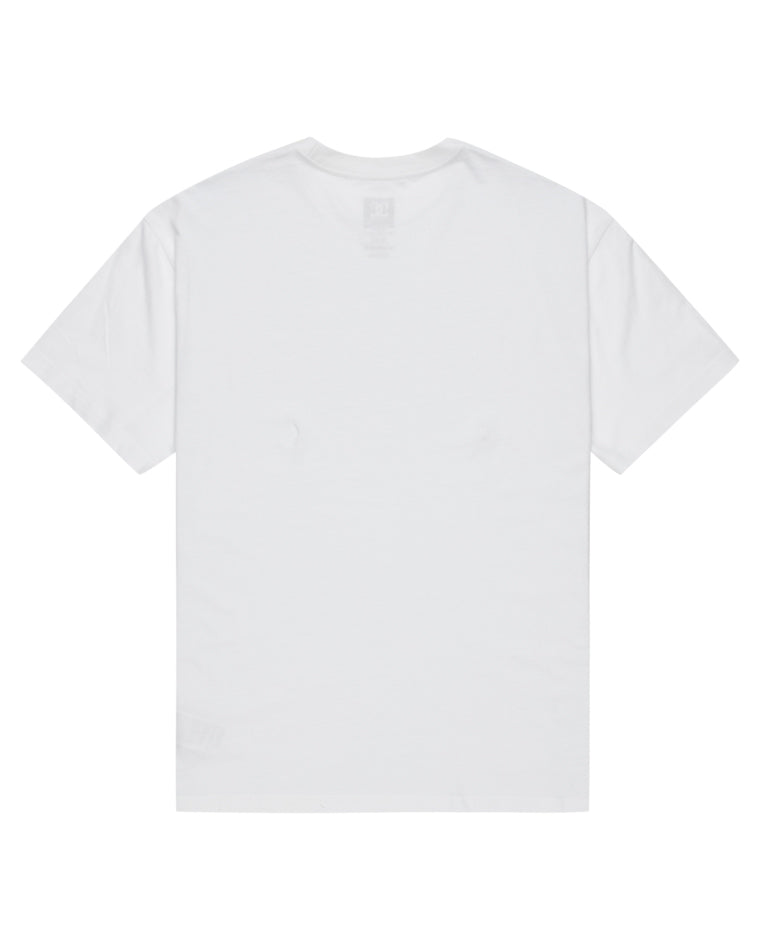 Back view of plain white DC t-shirt with short sleeves and crew neckline