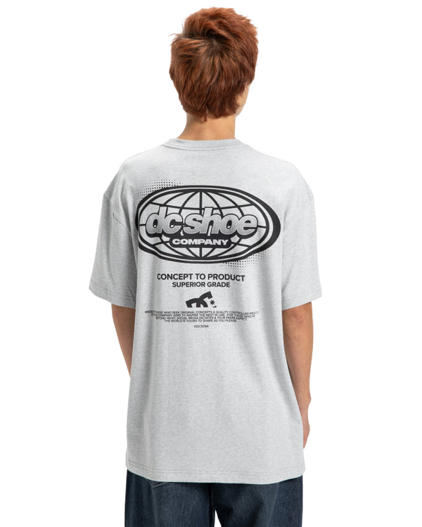 Back view of grey tee with large DC Shoes globe logo and slogan print.