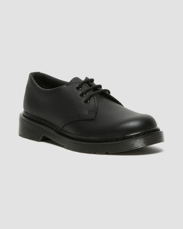 Classic black lace-up shoe with smooth leather upper, rounded toe, and a durable grooved sole