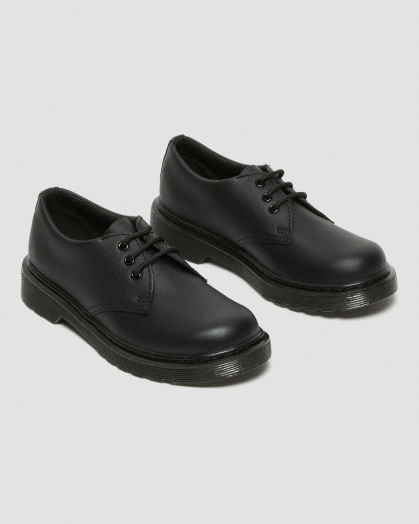 Pair of classic black lace-up shoes with smooth leather uppers, rounded toes, and durable grooved soles