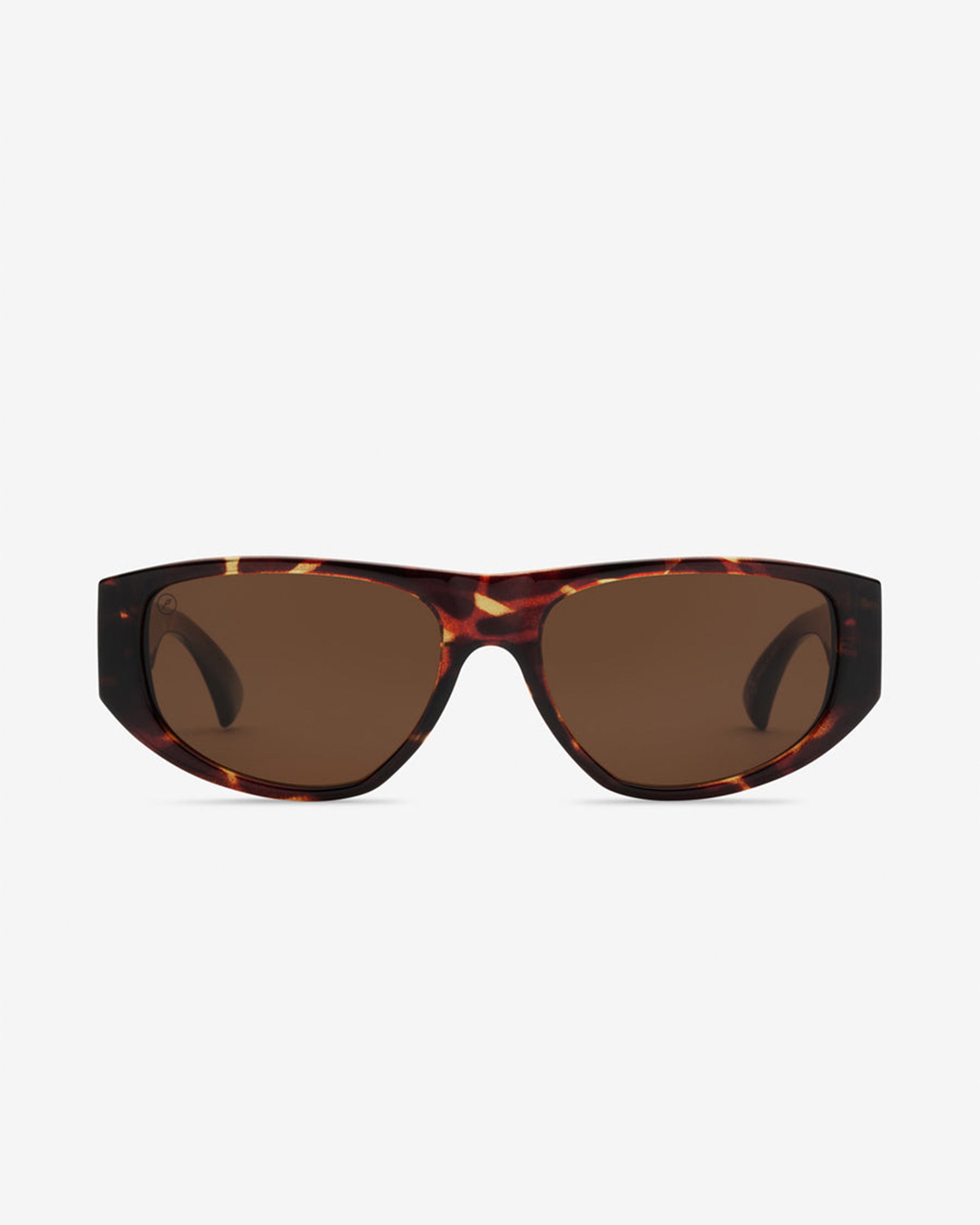 Tortoiseshell sunglasses with brown lenses and wide frame, offering full coverage and bold style.
