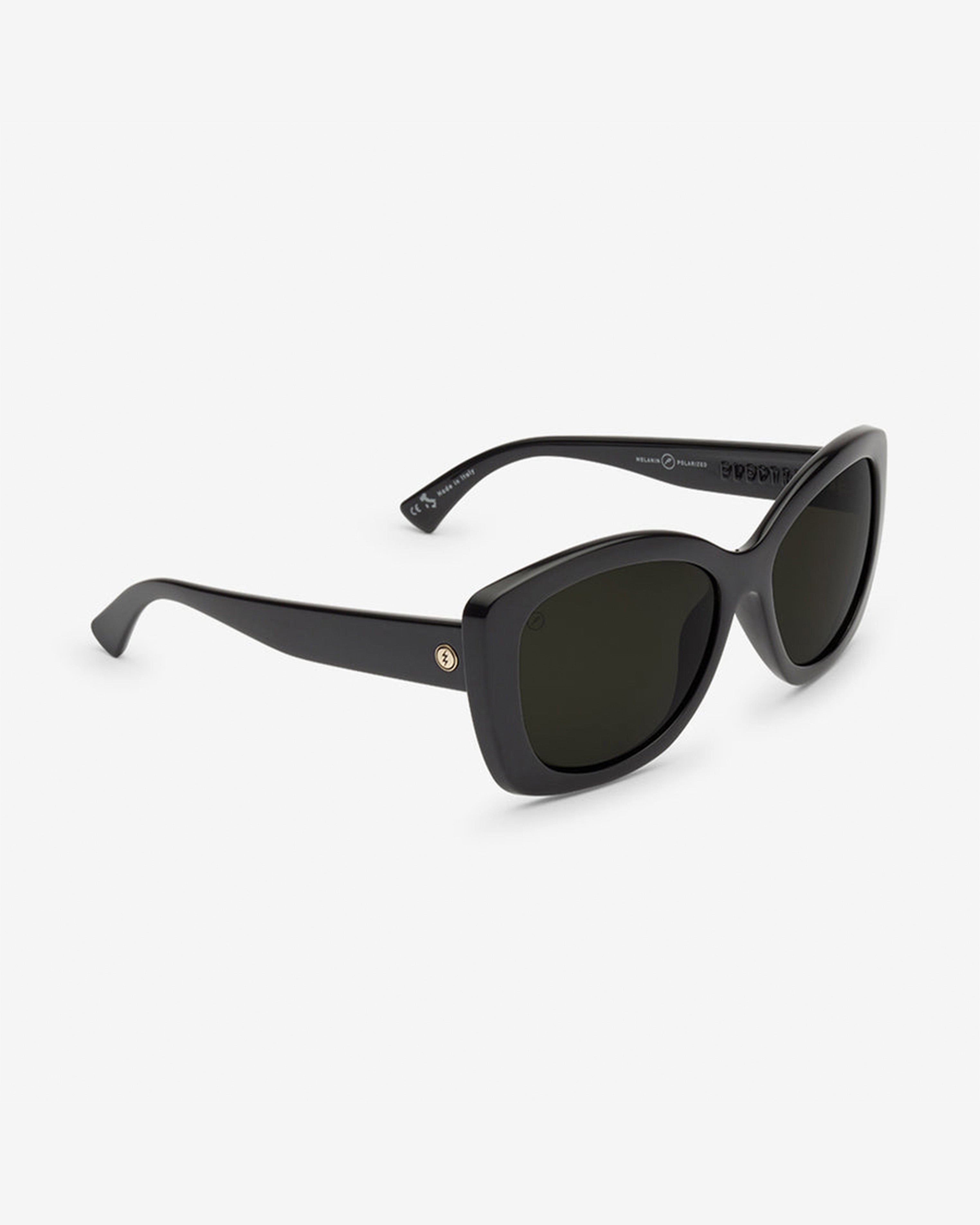 Side view of black sunglasses showing sculpted arms and modern square shape.