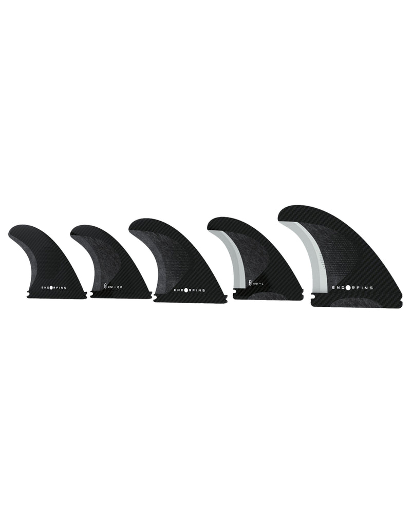 Five-piece black and grey Endorfins fin set with Futures base for high-performance quad or thruster setups.