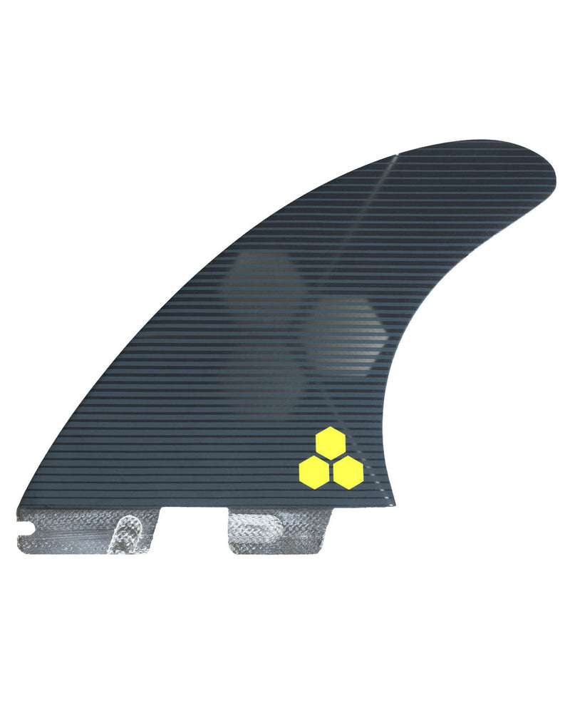 FCS II fin with grey stripe design and yellow hexagon Channel Islands logo