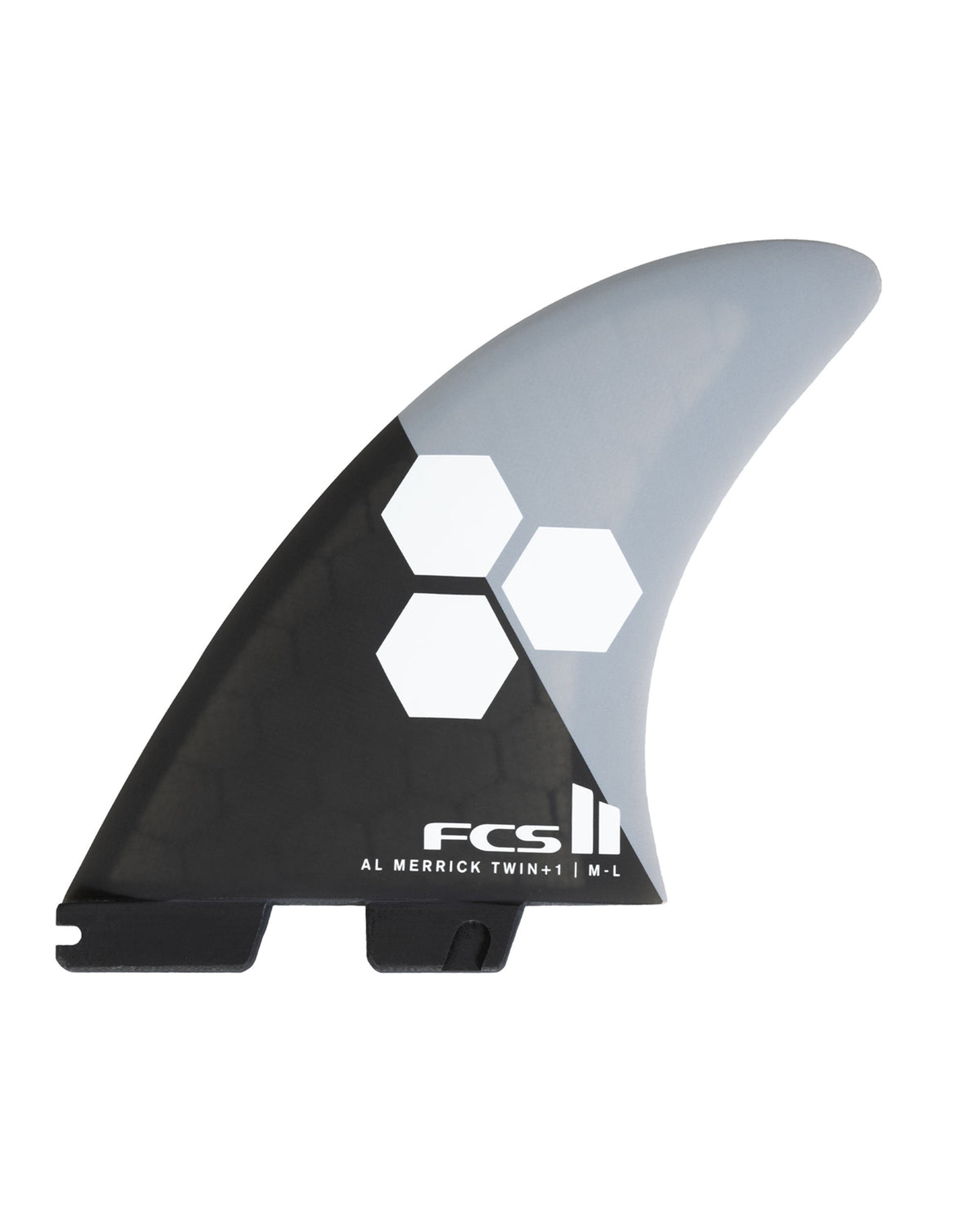FCS II Al Merrick Twin Plus One surfboard fin in grey and black with hex detail