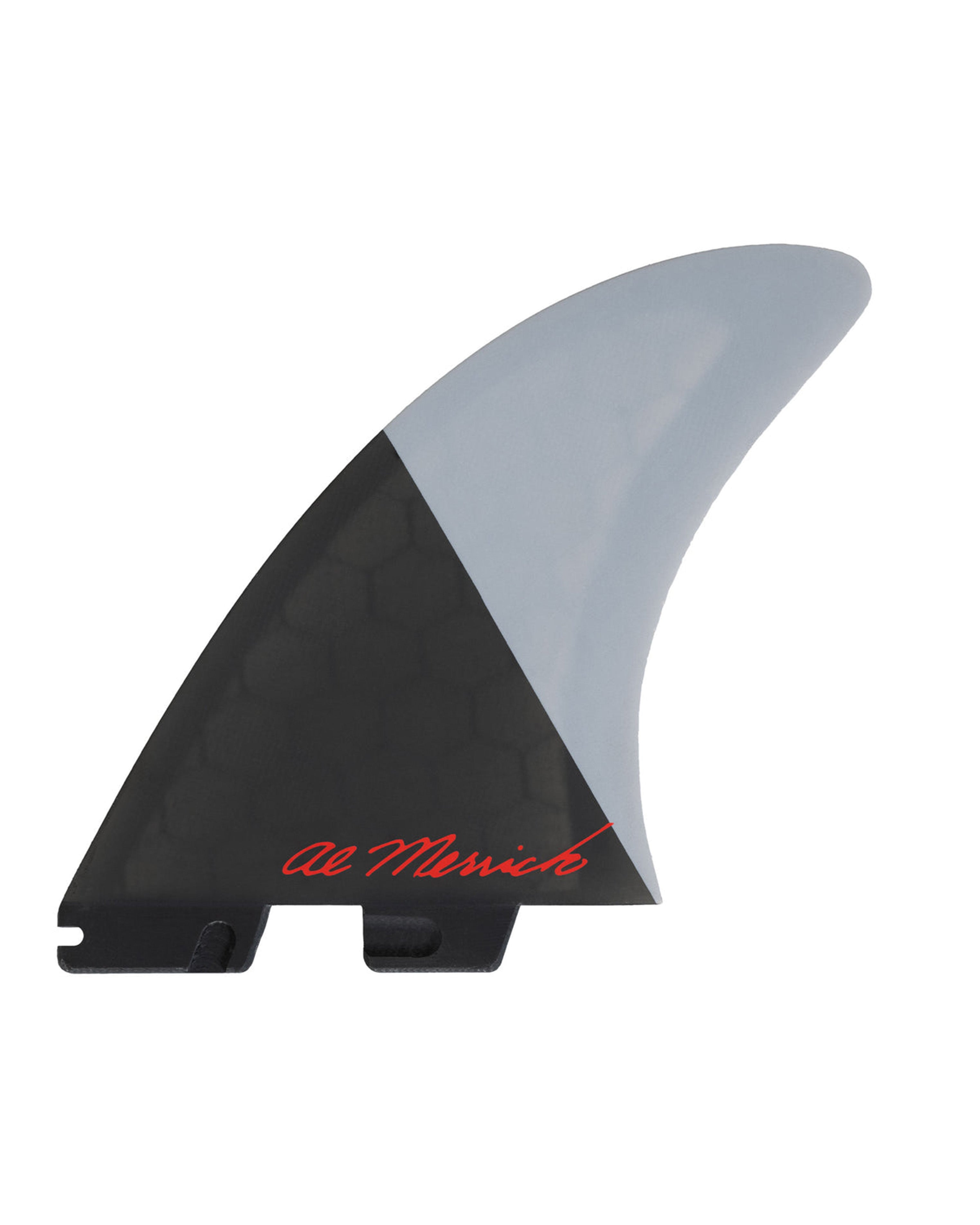 FCS II Al Merrick surfboard fin in black and grey with red signature graphic