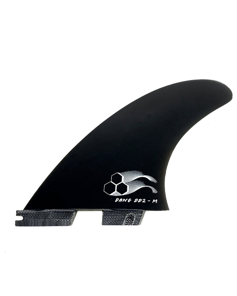 FCS II Dane DD2 medium surfboard fin in matte black with white hex and wave graphic