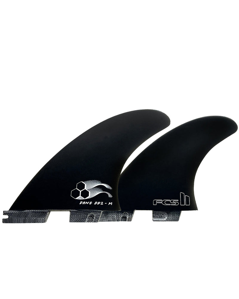 Set of FCS II Dane DD2 surfboard fins in matte black with white graphics and branding