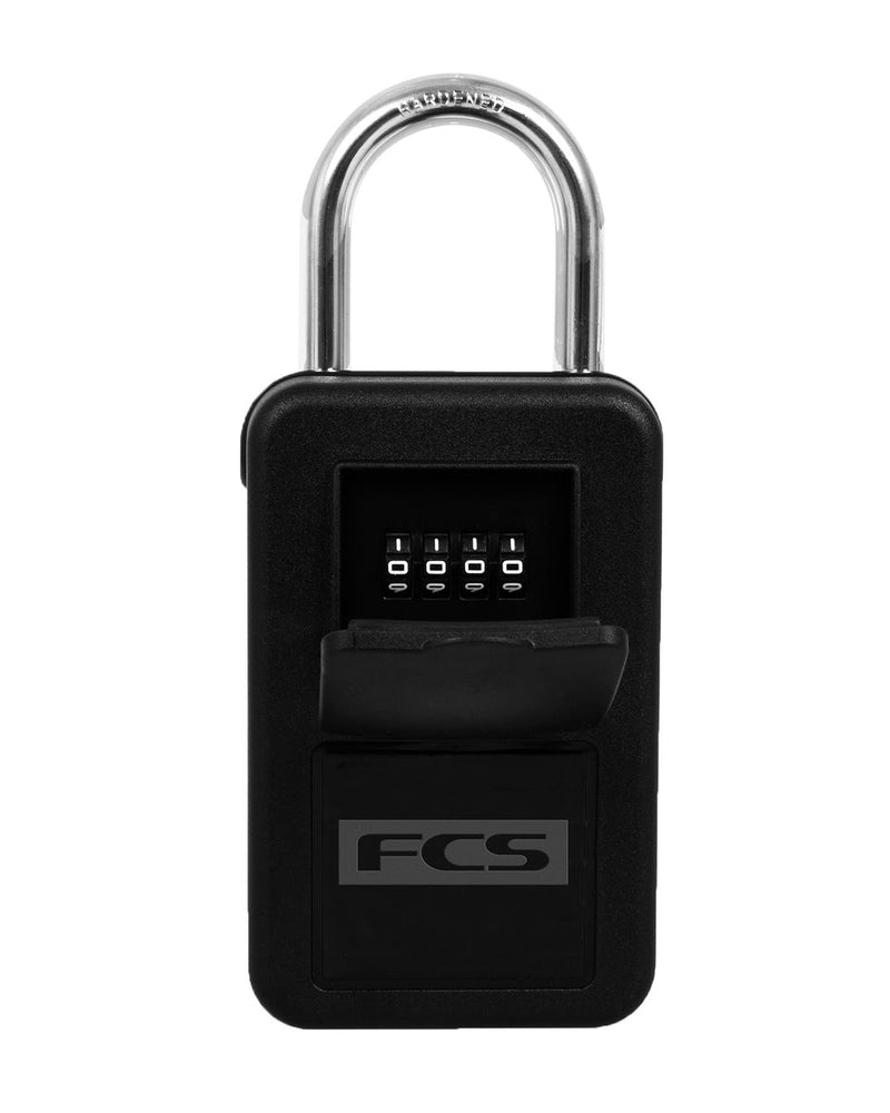 FCS key lock box with combination dials and shackle, ideal for secure key storage while surfing.