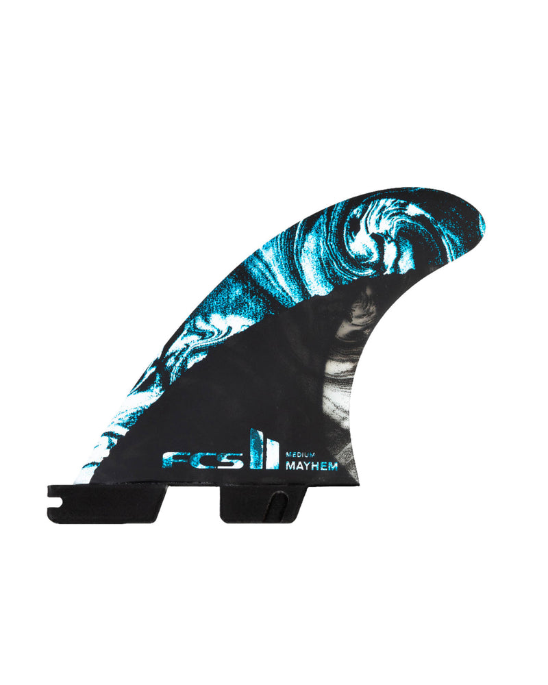 FCS II Medium Mayhem fin with black base and swirling blue and white abstract artwork
