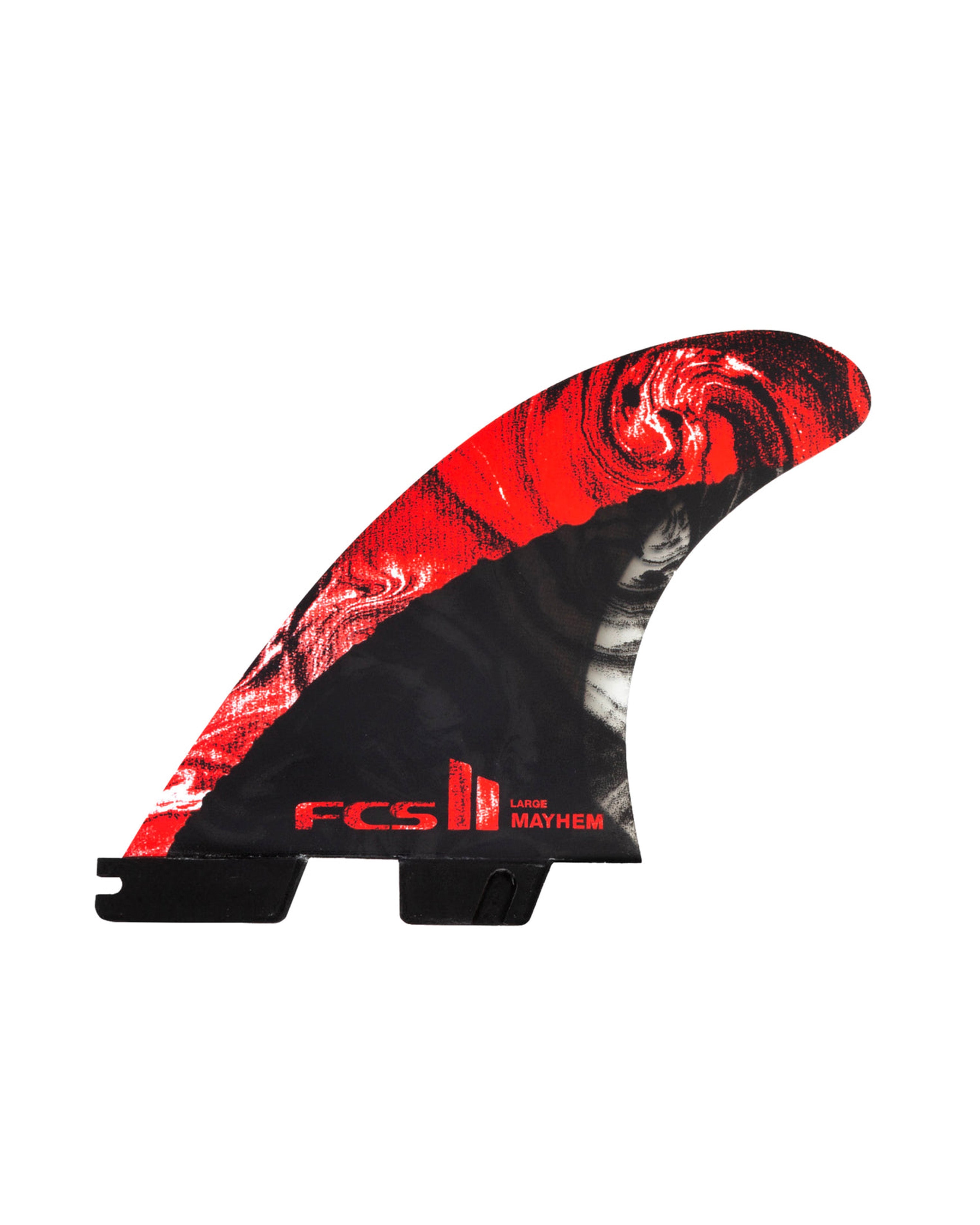 Red and black FCS II Mayhem surfboard fin in large size with swirling graphic design and dual tab base.