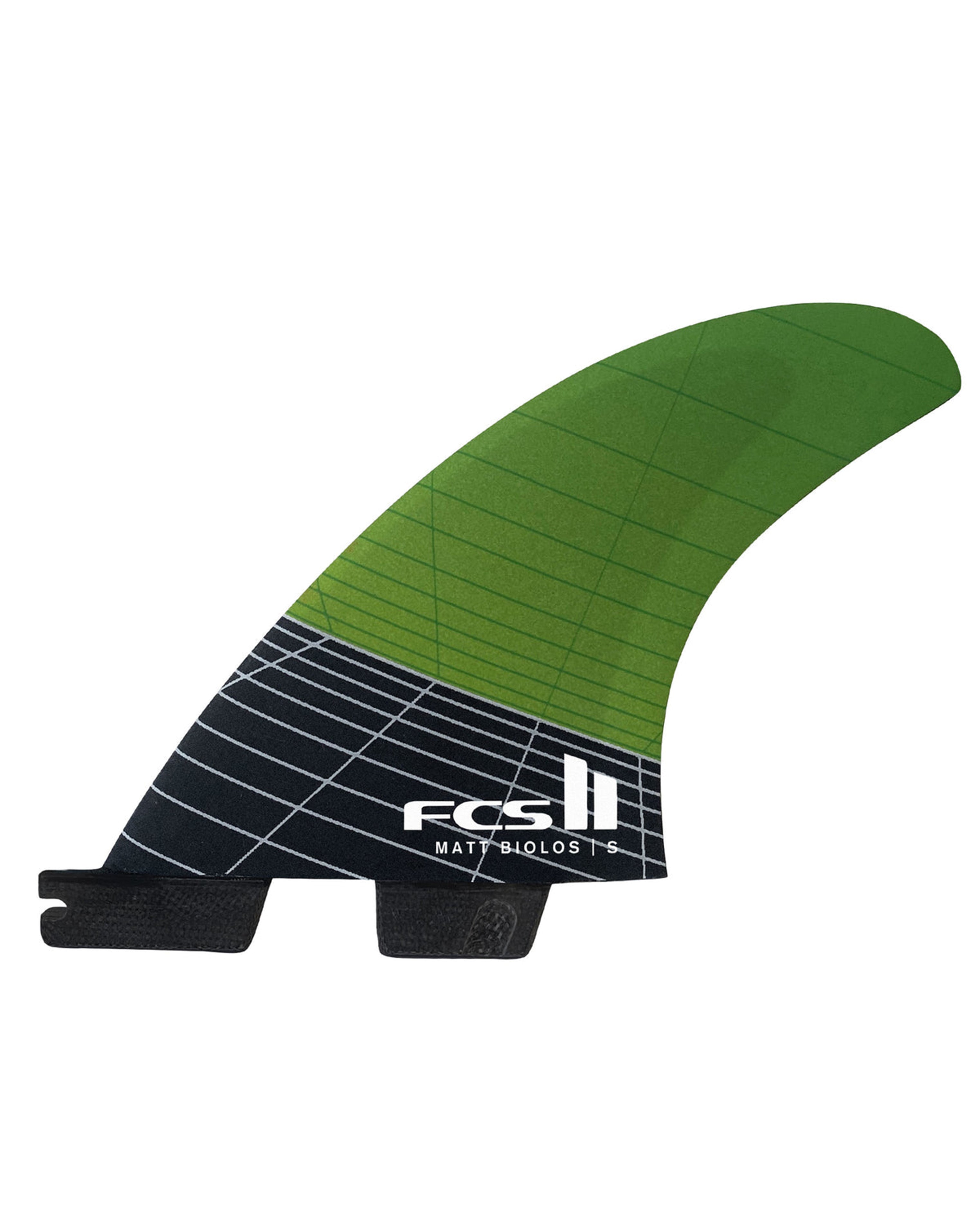 FCS II Matt Biolos TS surfboard fin with black and green grid design, built for speed, control and drive.
