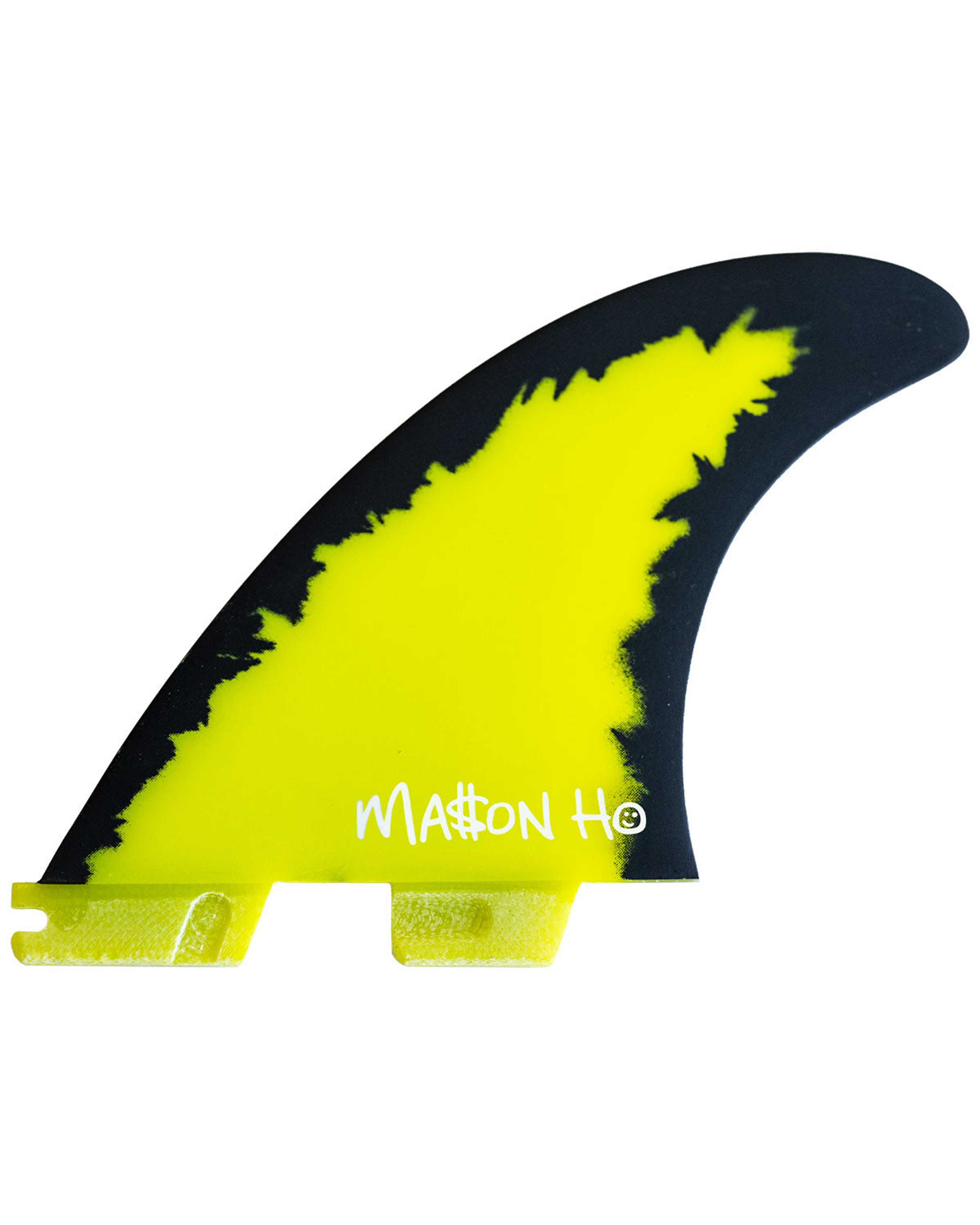 Yellow and black FCS II Mason Ho fin with bold paint stroke pattern and white handwritten logo.