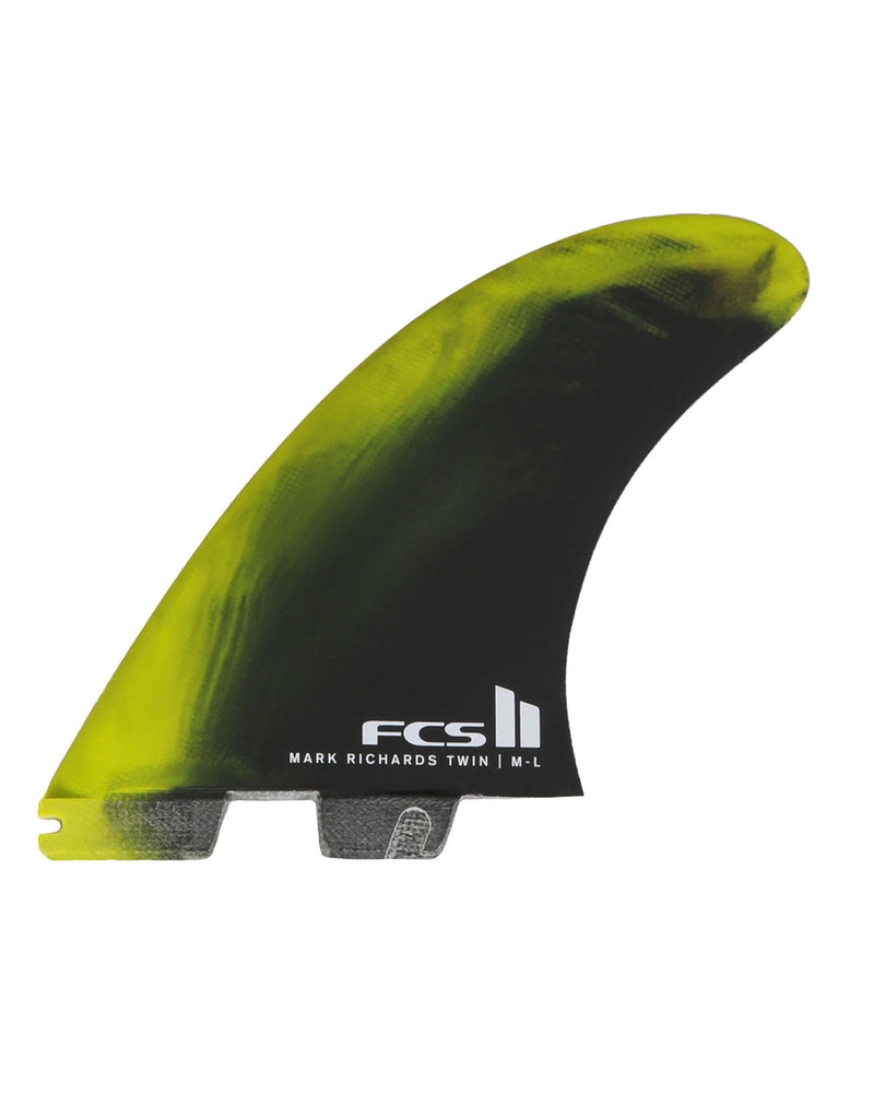 FCS II Mark Richards Twin fin in M–L size with vibrant yellow and black gradient design for high-performance twin fin setups.