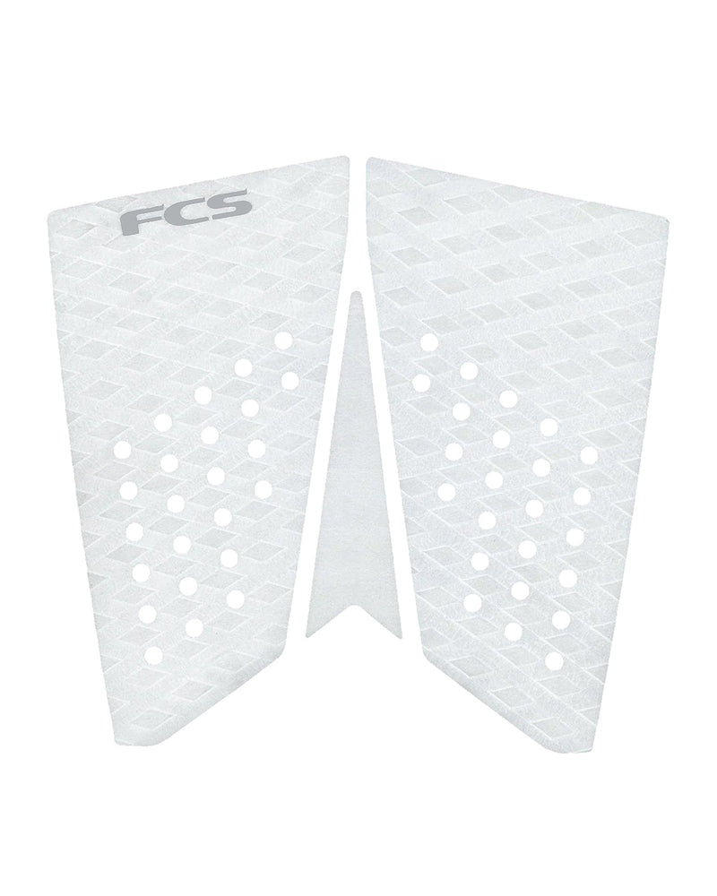 White FCS surfboard tail pad featuring diamond grip texture, centre arch and perforated traction holes
