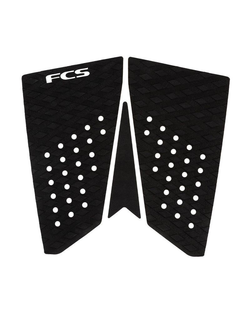 Black FCS two-piece surfboard tail pad with perforated grip pattern and centre arch strip