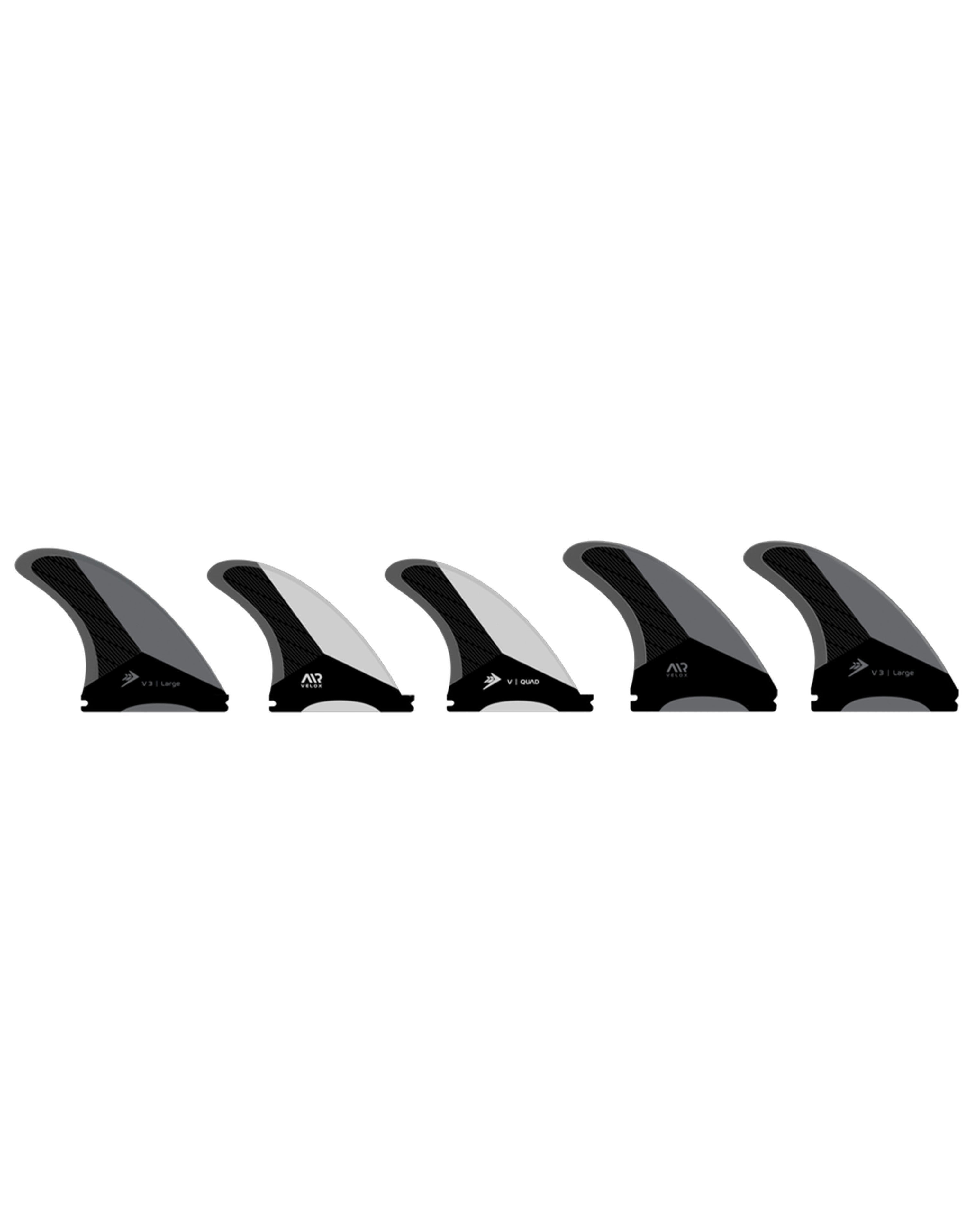 Five-piece black and grey Futures fin set with V3 and AM2 templates for versatile high-performance surfing.