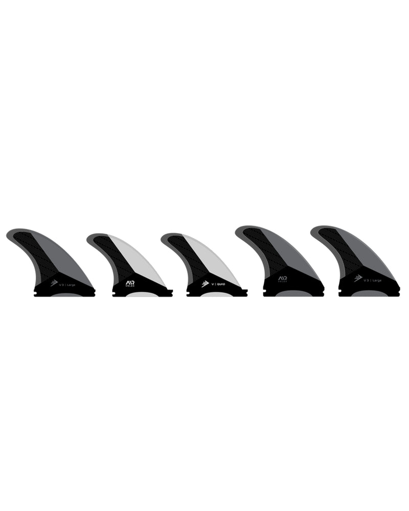 Five-piece black and grey Futures fin set with V3 and AM2 templates for versatile high-performance surfing.