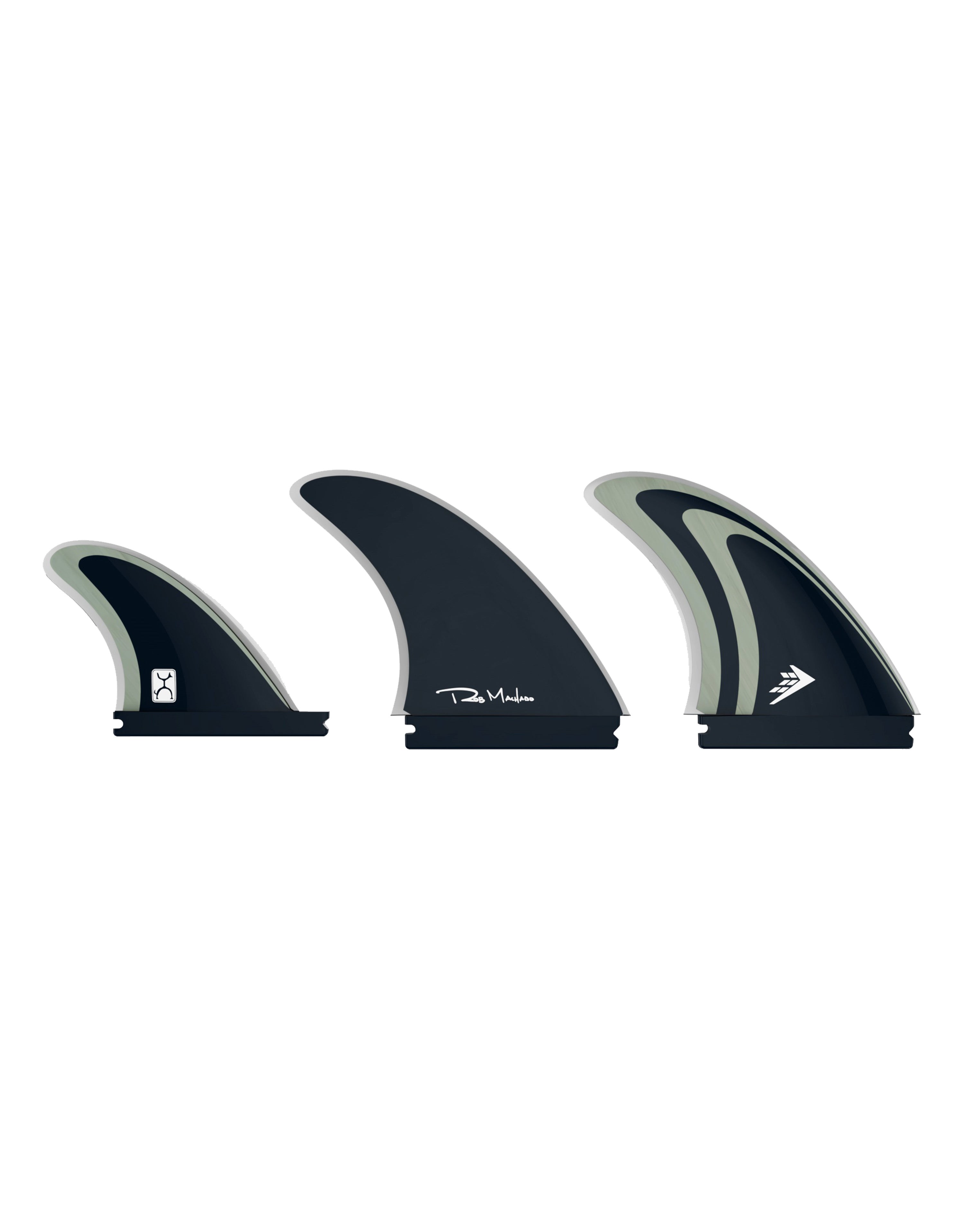 Three-piece Futures fin set in black and grey with signature logos, designed for performance thruster setups.
