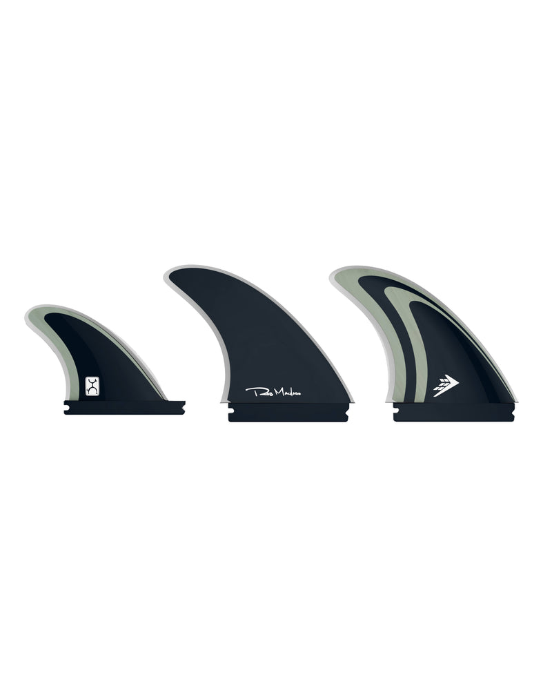 Three-piece Futures fin set in black and grey with signature logos, designed for performance thruster setups.
