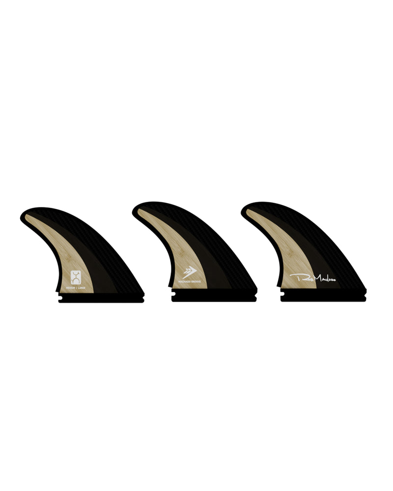 Three-piece black and bamboo Futures fin set with branded logos, designed for thruster setups.