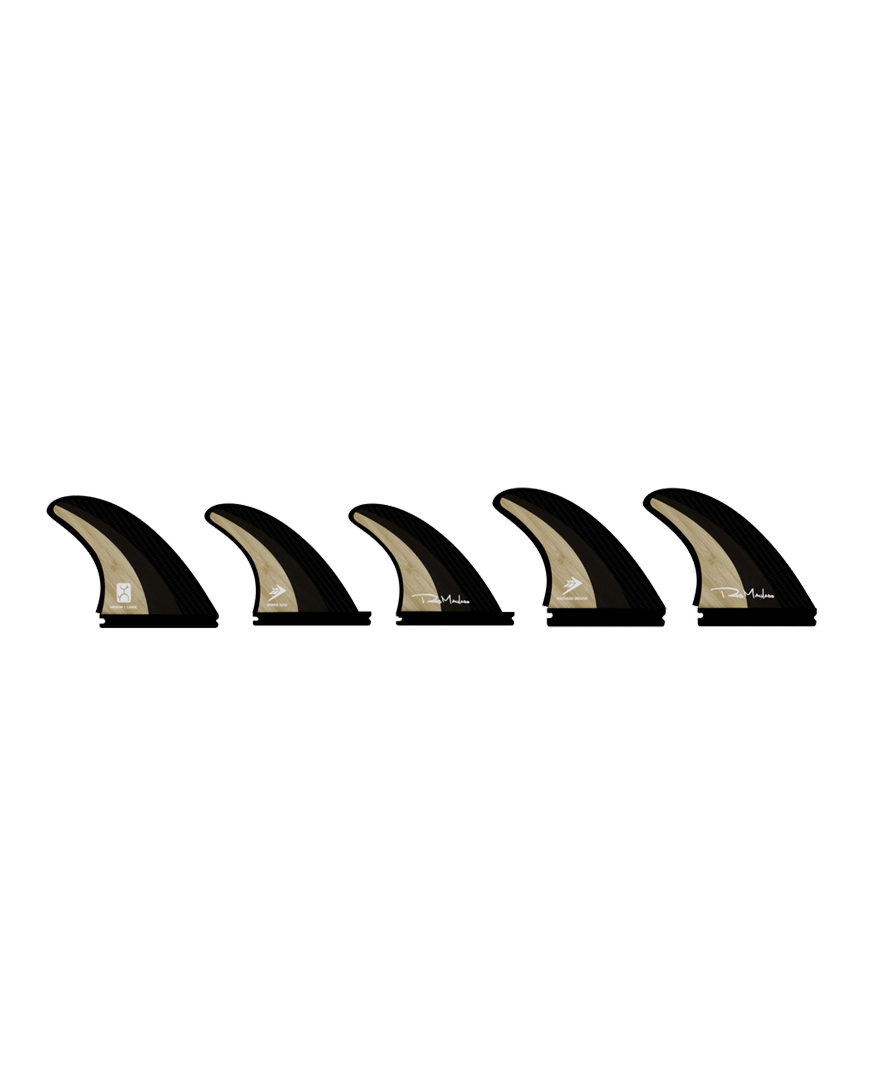 Five-piece black and beige Futures fin set with signature logos, designed for high-performance surfboards.