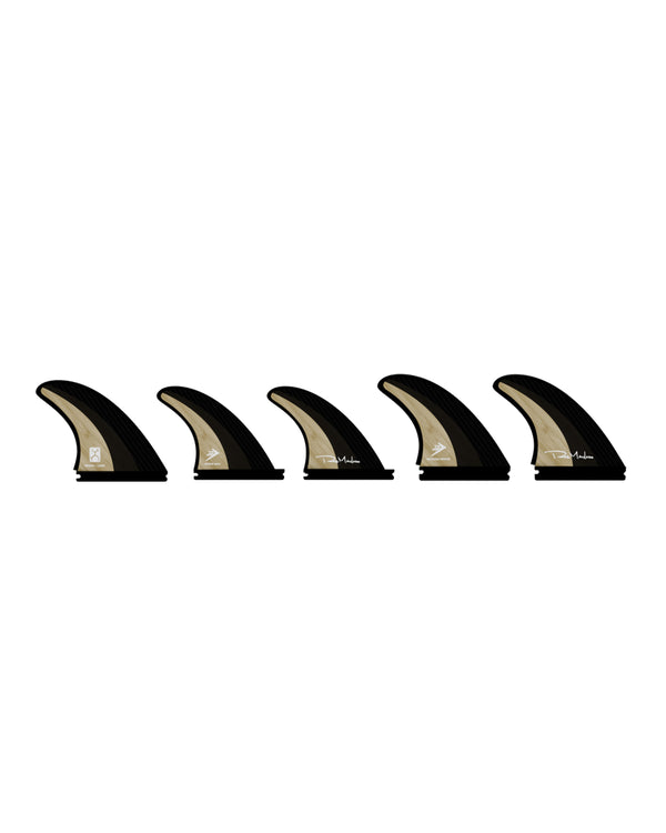 Five-piece black and beige Futures fin set with signature logos, designed for high-performance surfboards.