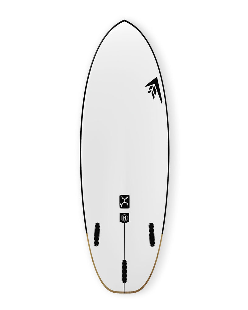 Surfboard base with thruster fin setup, black logos and wood-finish detail on the tail.