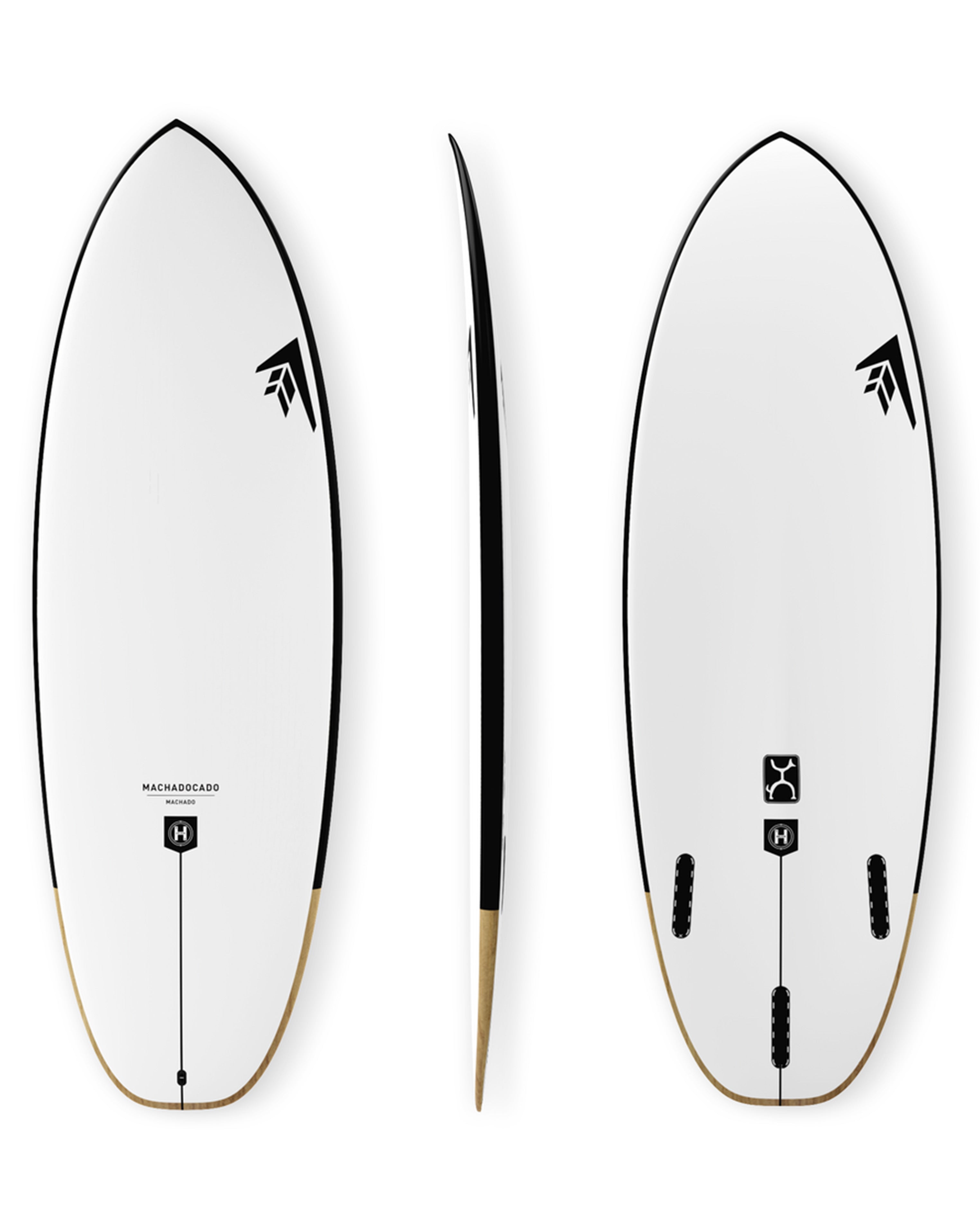Three-angle surfboard display showing top deck, side profile, and underside with Machado model features.