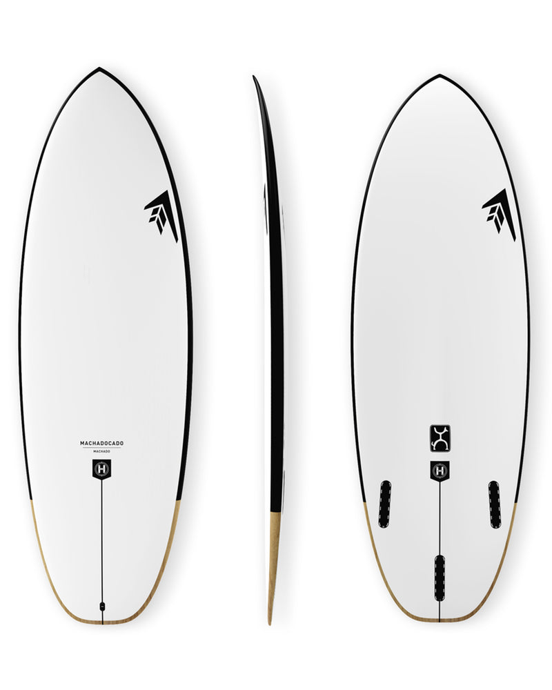 Three-angle surfboard display showing top deck, side profile, and underside with Machado model features.