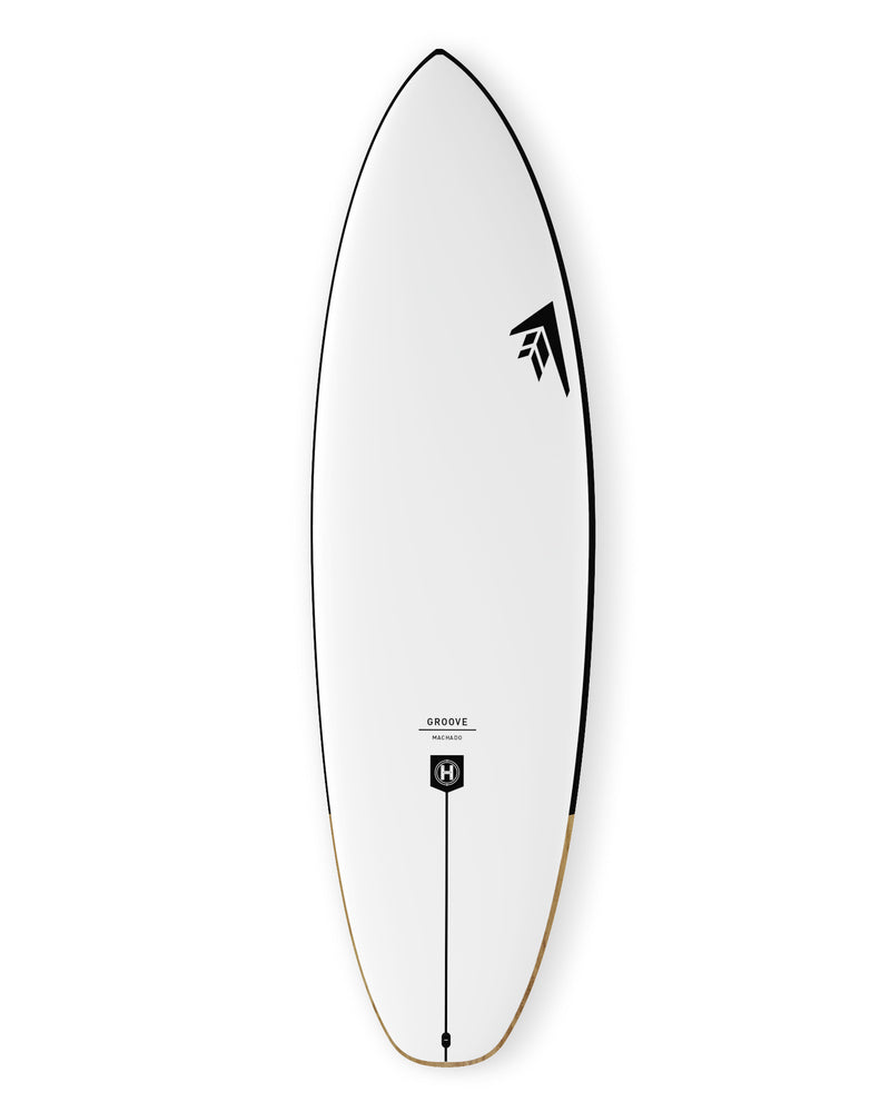 White hybrid surfboard with black rail detail and pointed nose, featuring logo near top right.
