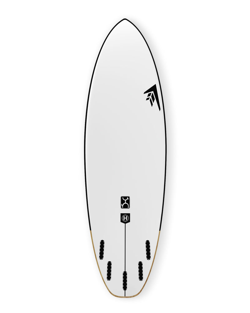 White surfboard base showing five fin setup, tail pad slot, and black rail accents.