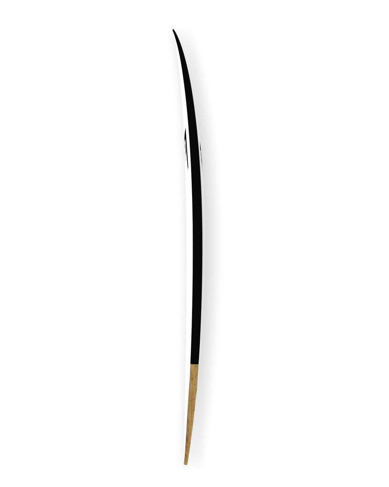 Side profile of surfboard showing rocker curve and wood finish on tail section.