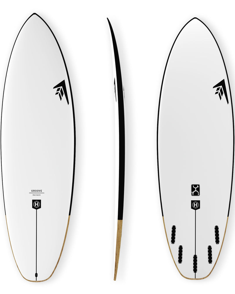 Three-view surfboard layout showing top, side, and bottom profile with black logos and fin boxes.